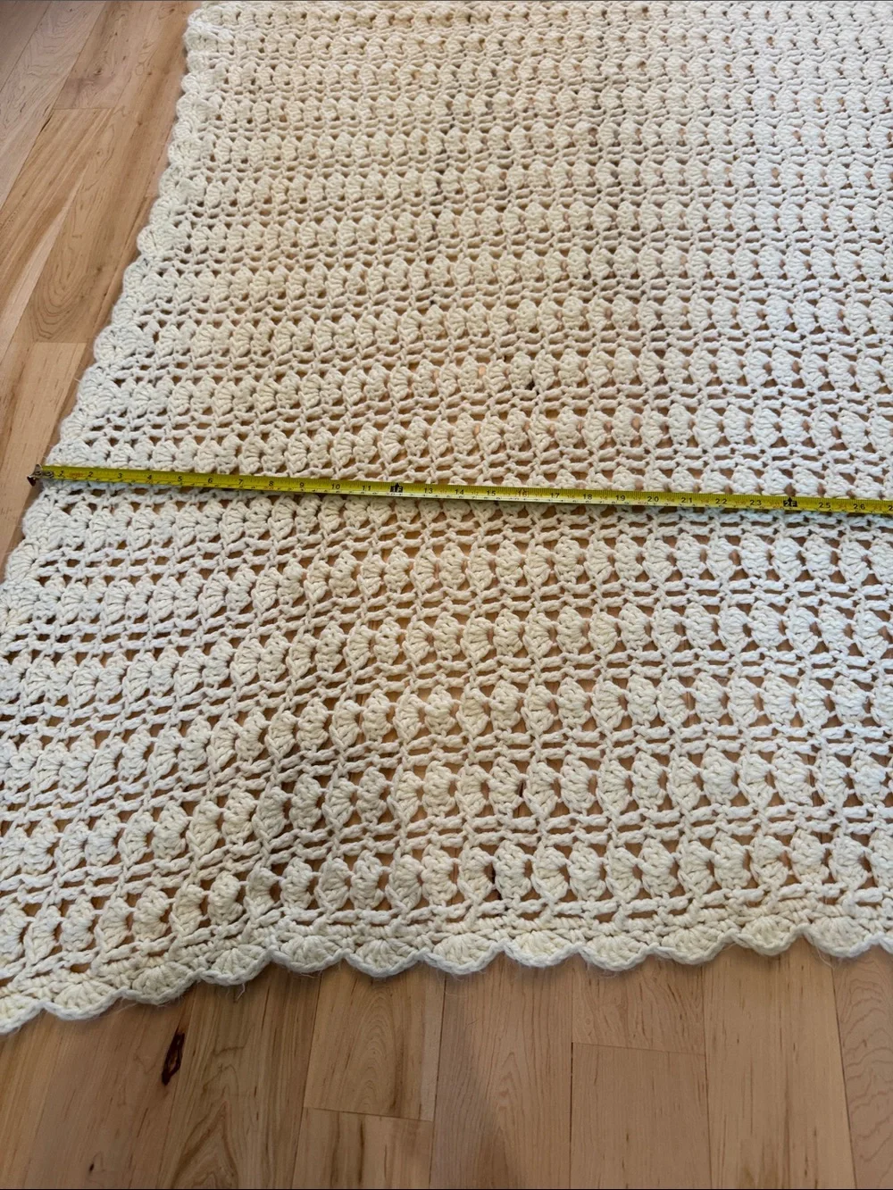 Handmade cream-colored crochet blanket delicate lacy stitch pattern-Vintage